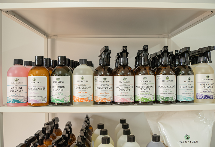 Shelf stocked with Tri Nature eco-friendly cleaning products used by Kestrel Cleaning Services