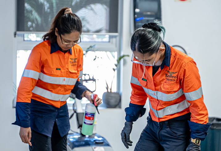 Kestrel Cleaning Services staff members using environmentally friendly cleaning products during a job